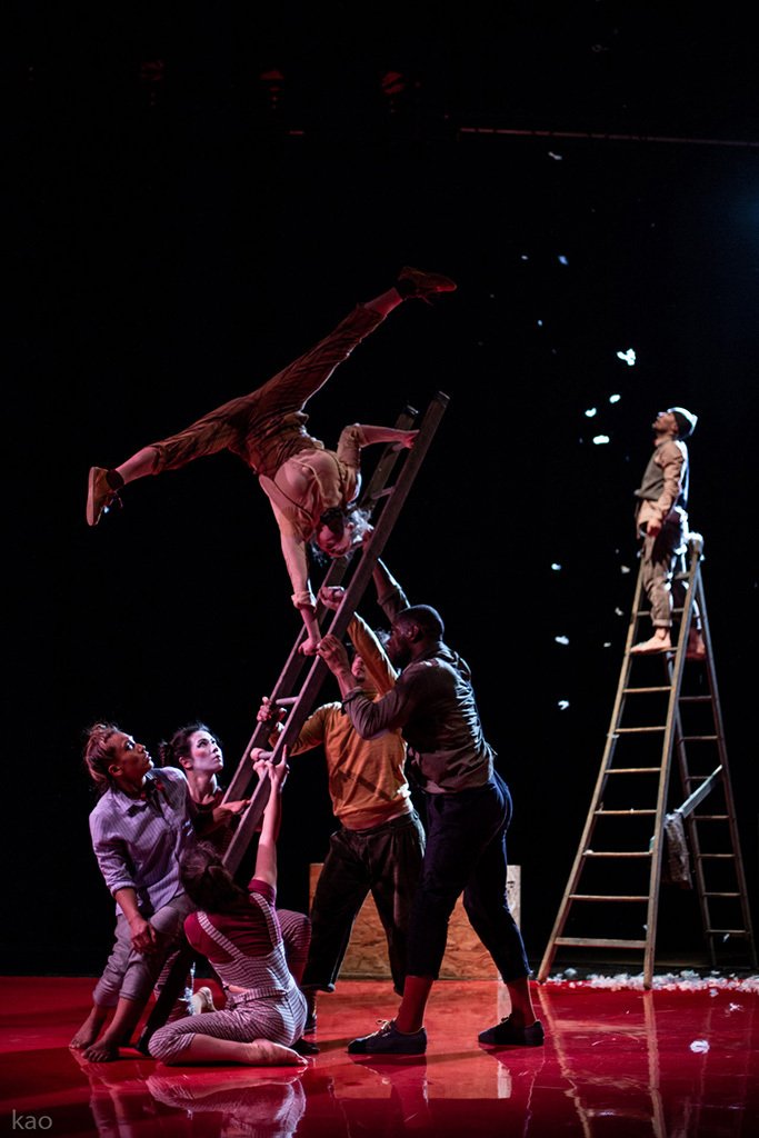 photo de la coppmpagnie AMC, photo d'une artiste sur une echelle tenu par l'ensemble des danseurs.